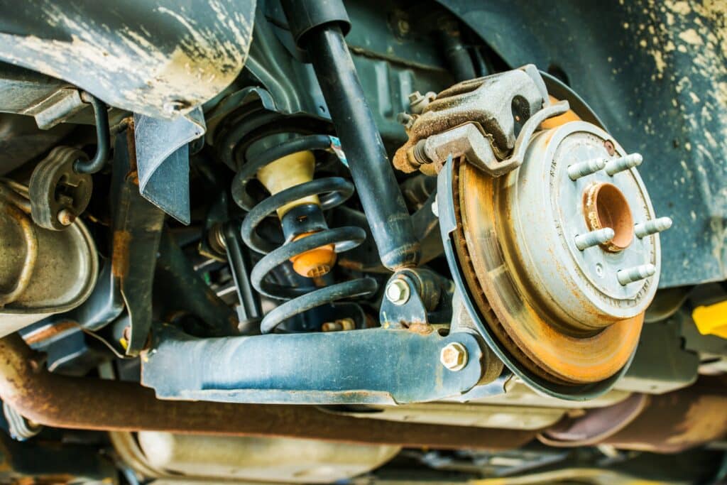 Car Suspension and Brakes Maintenance in Auto Service. brakes work